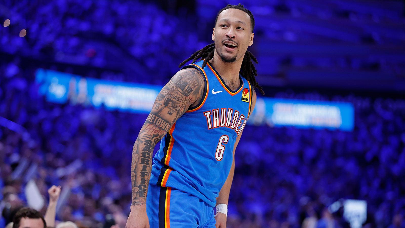 Thunder forward Jaylin Williams (6) reacts after scoring against the Phoenix Suns in the second half during game one of the first round of the 2026 NBA Playoffs at Paycom Center