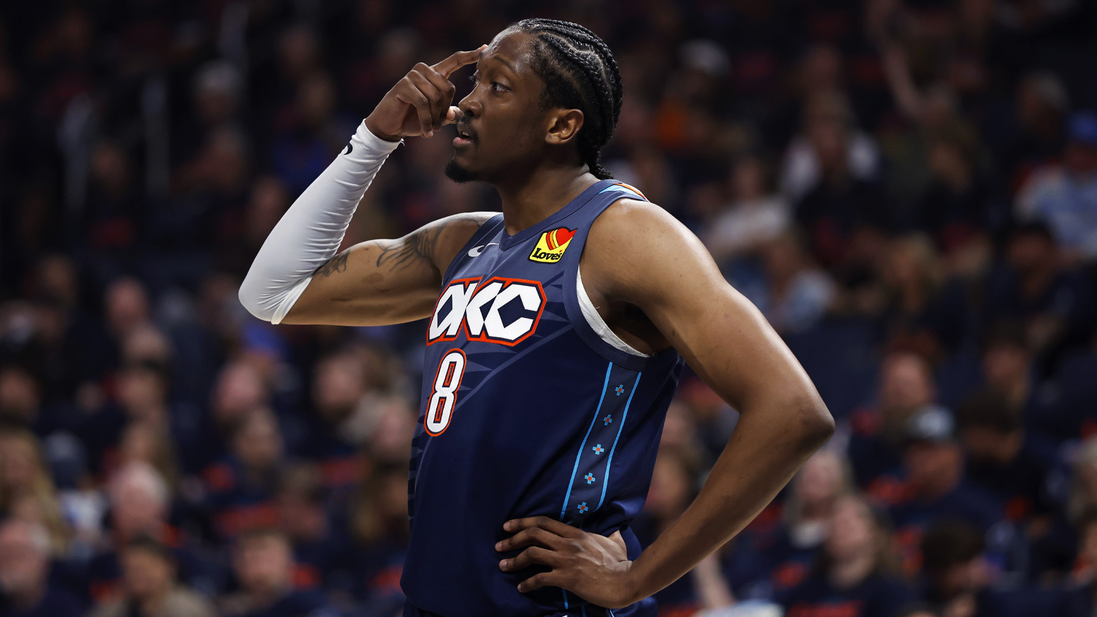 Thunder guard Jalen Williams (8) gestures to his team before a play against the Phoenix Suns in the first half during game two of the first round of the 2026 NBA Playoffs at Paycom Center