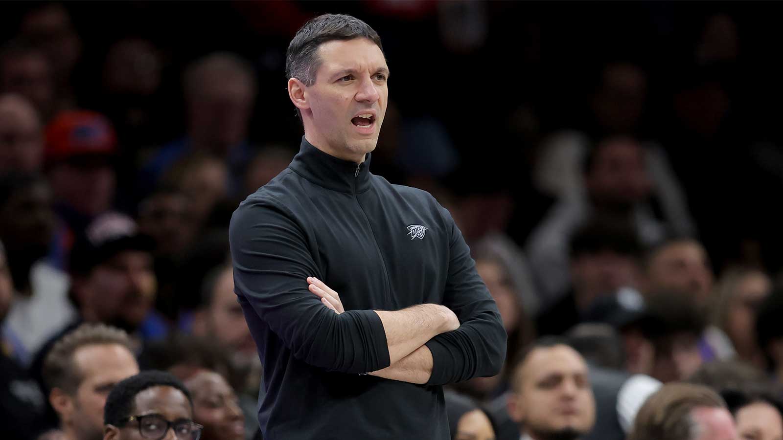 Thunder head coach Mark Daigneault coaches against the Brooklyn Nets during the first quarter at Barclays Center