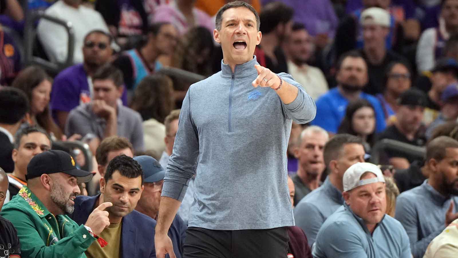 Thunder head coach Mark Daigneault reacts to a play against the Phoenix Suns in the first half during game three of the first round of the 2026 NBA Playoffs at Mortgage Matchup Center