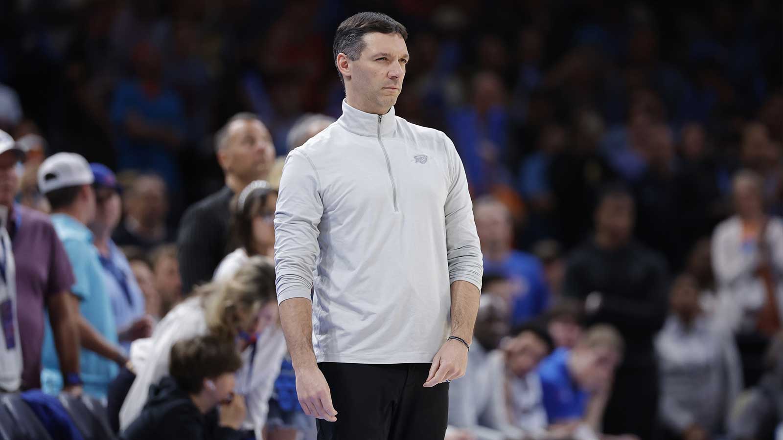 Thunder head coach Mark Daigneault watches his team play against the Detroit Pistons during the second half at Paycom Center