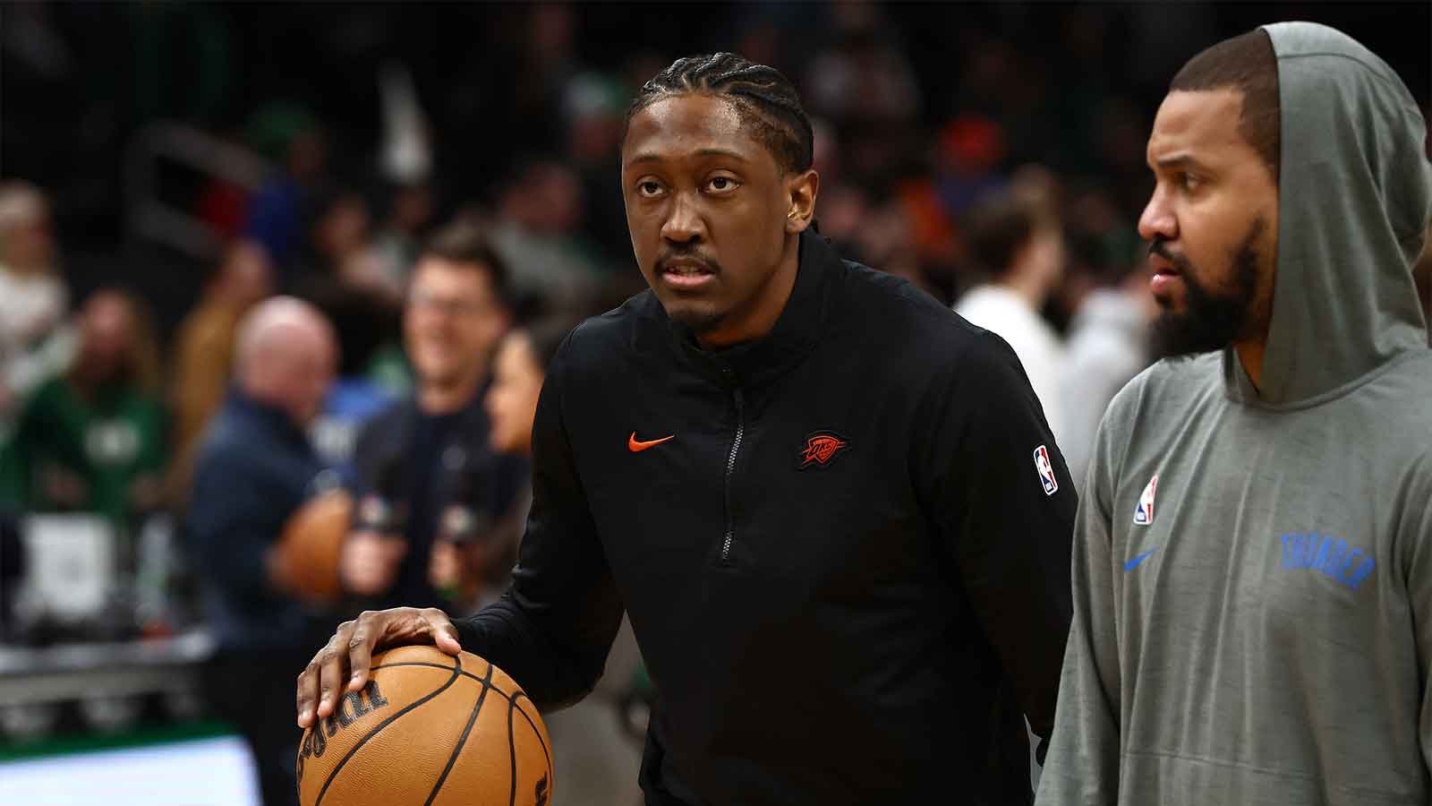 Thunder guard Jalen Williams (8) before their game against the Boston Celtics during the first quarter at TD Garden