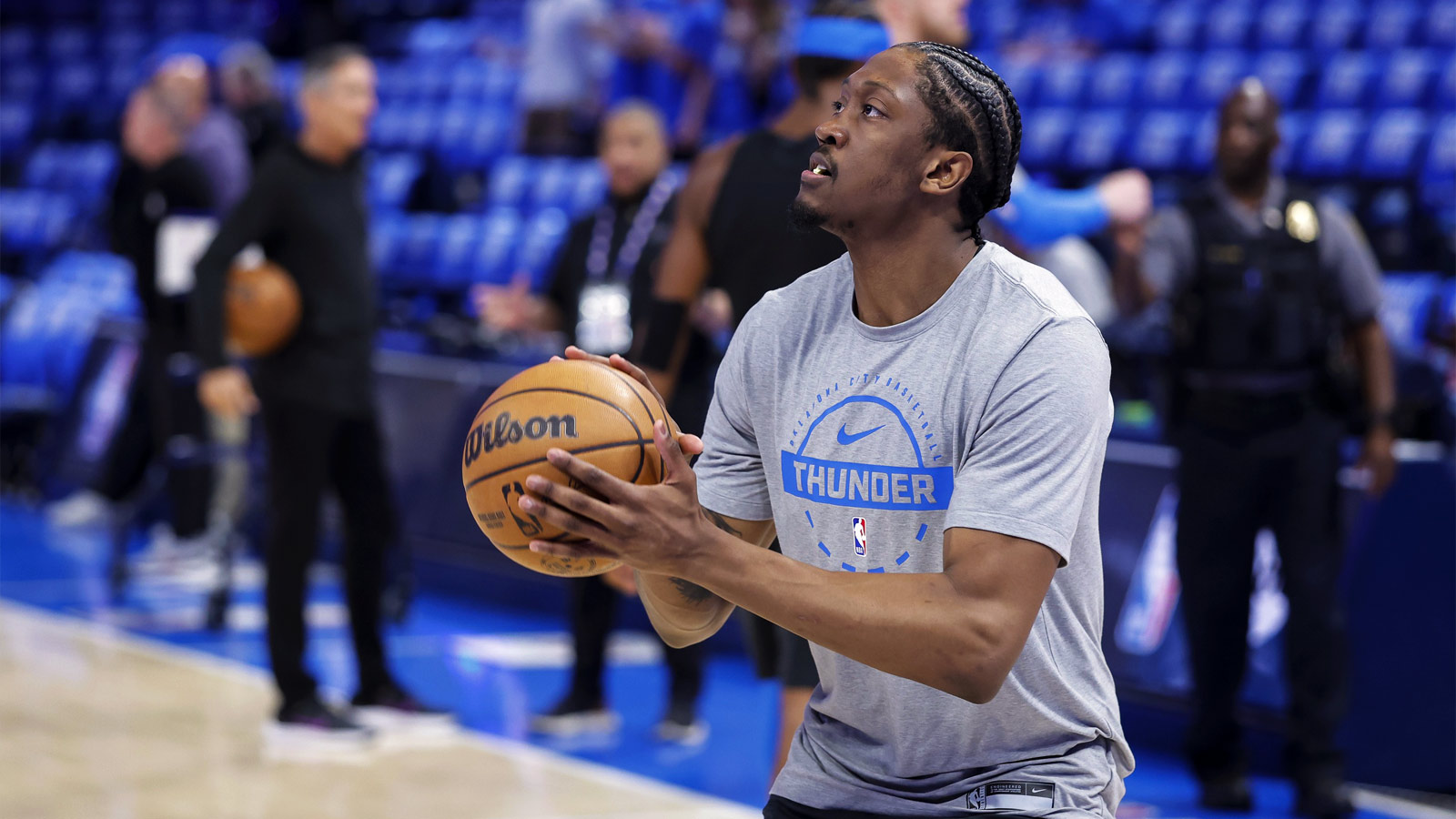 Thunder guard Jalen Williams (8) warms up before the start of game one of the first round of the 2026 NBA Playoffs against the Phoenix Suns at Paycom Center