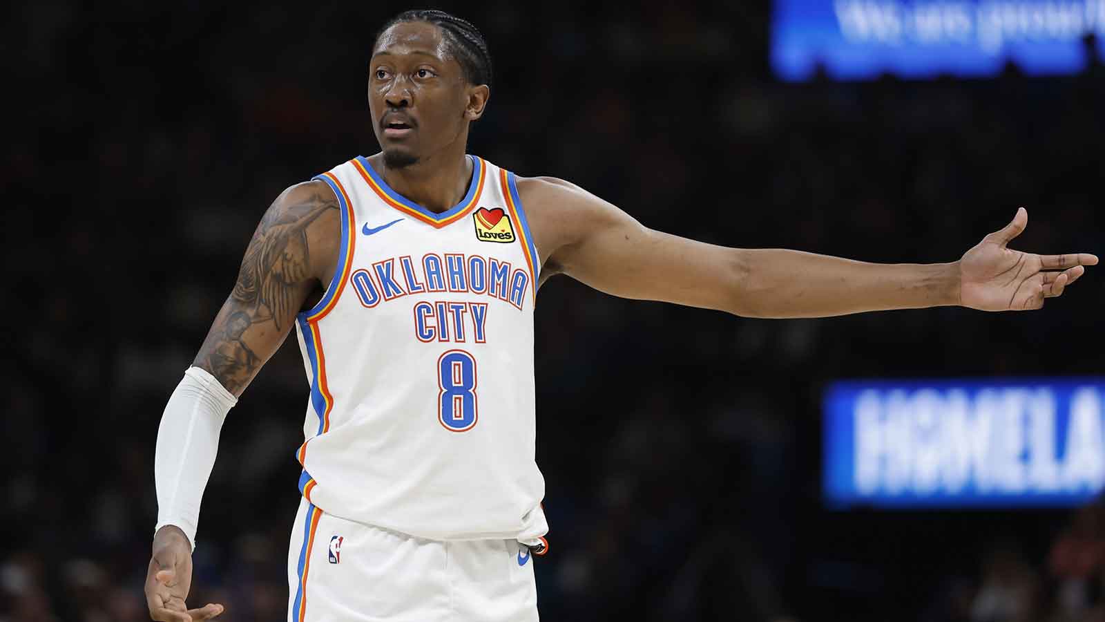 Thunder guard Jalen Williams (8) gestures after a play against the New York Knicks during the second half at Paycom Center