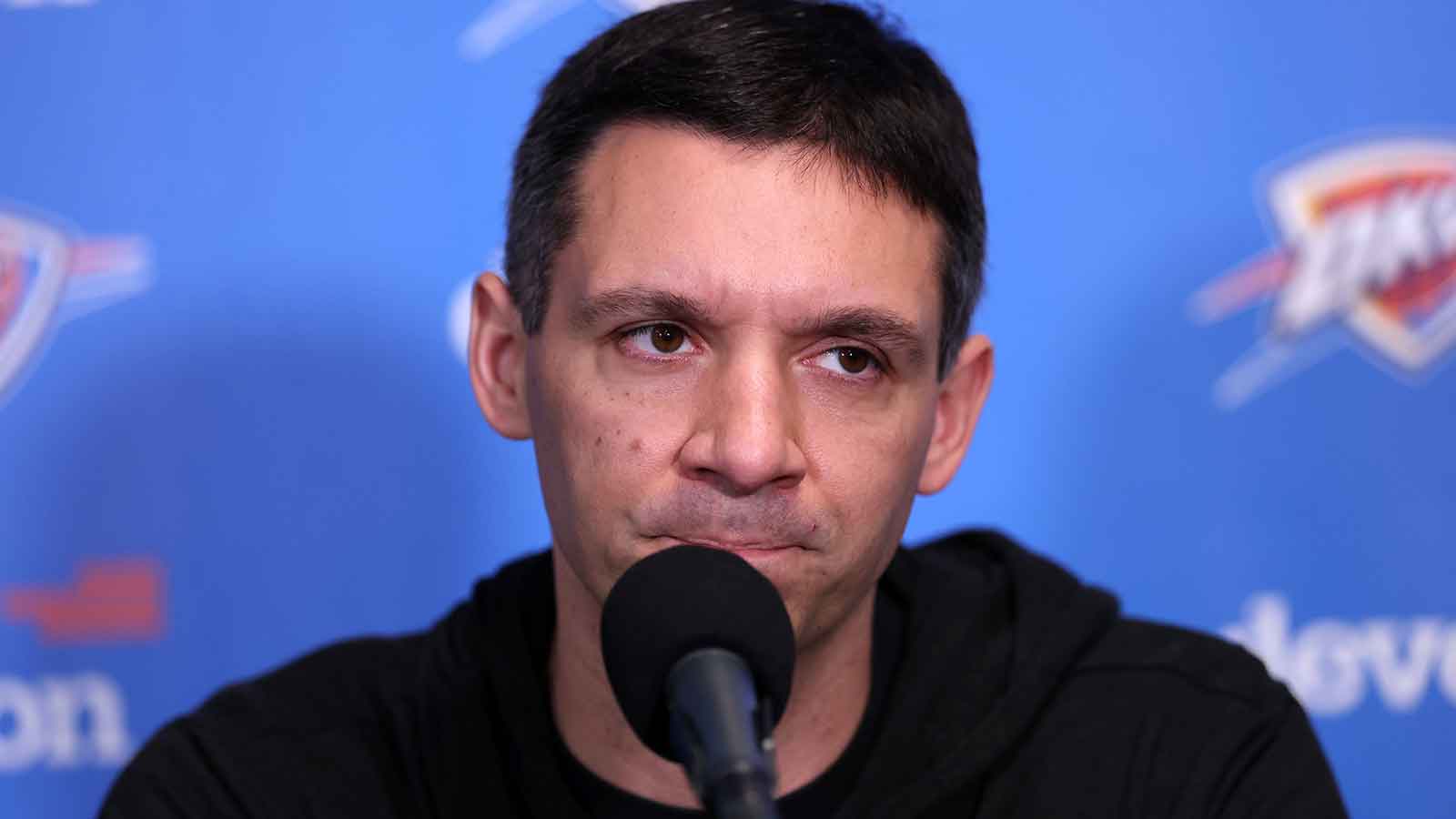 Thunder Head Coach Mark Daigneault speaks to the media before the game against the Los Angeles Lakers at Crypto.com Arena