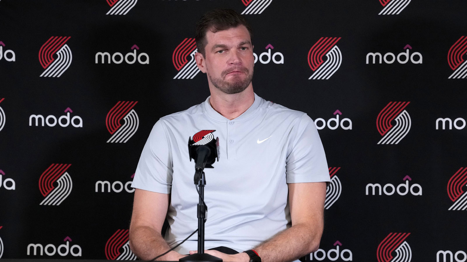 Portland Trail Blazers interim coach Tiago Splitter at press conference at the Intuit Dome. 
