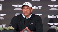 Genesis Invitational tournament host Tiger Woods speaks to the media during a press conference at Riviera Country Club.