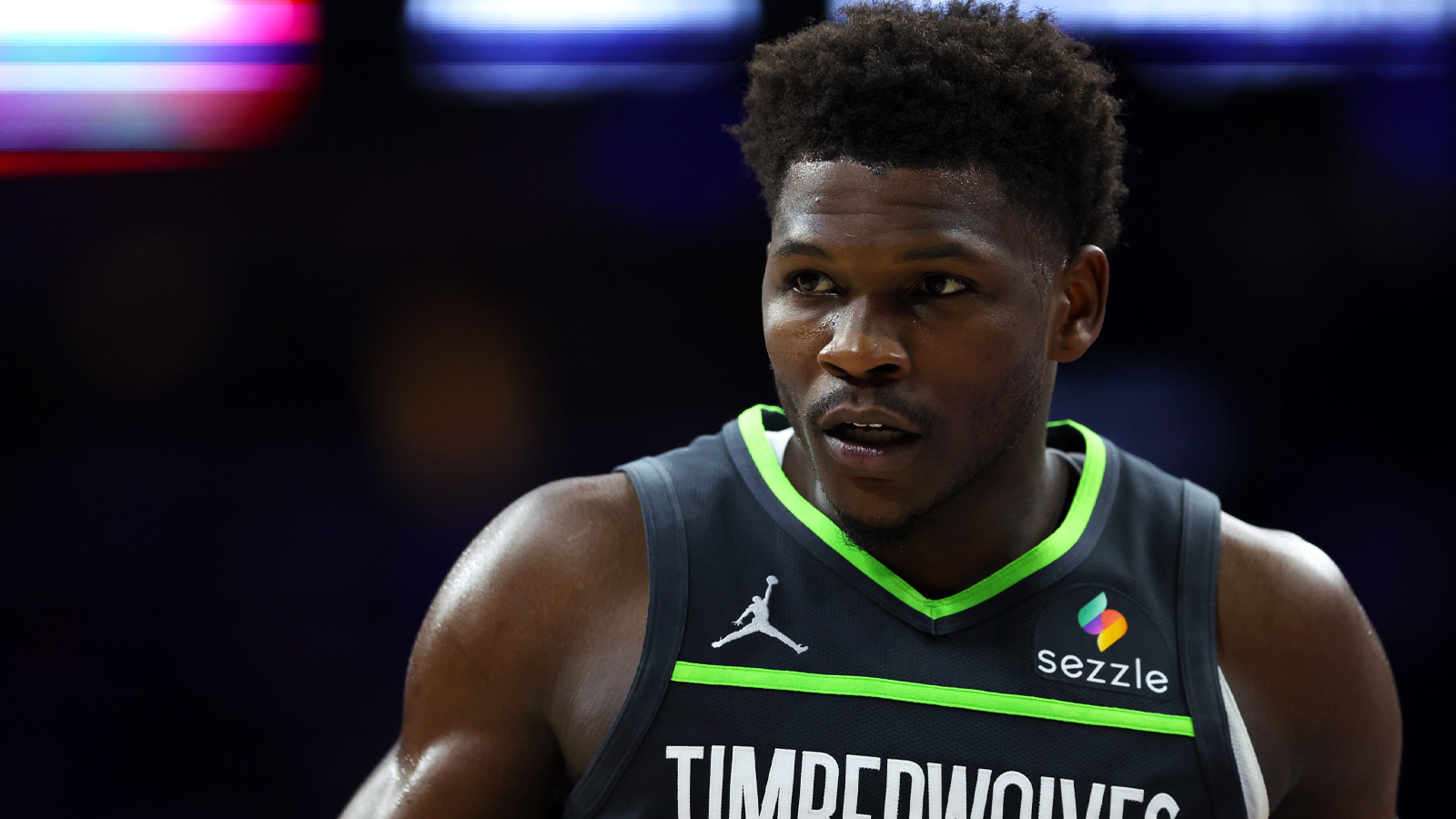 Minnesota Timberwolves guard Anthony Edwards (5) looks on against the Philadelphia 76ers during the second quarter at Xfinity Mobile Arena.
