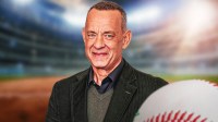 Tom Hanks with a baseball field in the background.