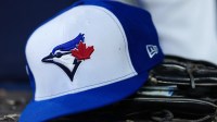 A detailed view of a Toronto Blue Jays hat in the sixth inning for game seven of the 2025 MLB World Series at Rogers Centre.