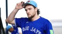 Toronto Blue Jays pitcher Trey Yesavage (39) works out for spring training practice at Blue Jays Player Development Complex