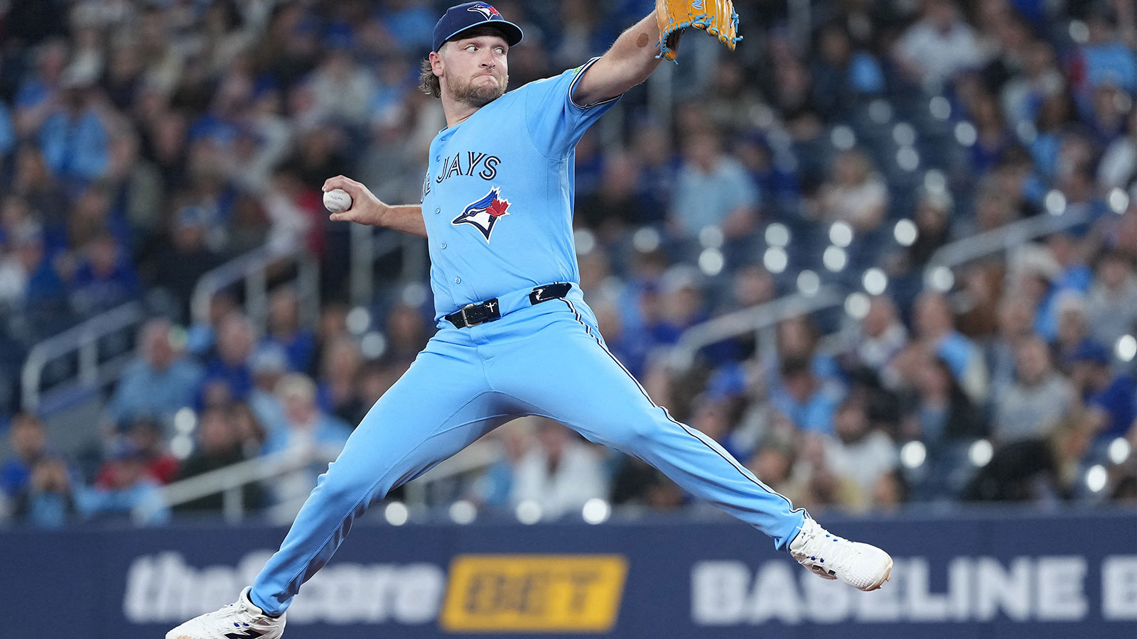 Toronto Blue Jays starting pitcher Trey Yesavage (34) throws a pitch against the Boston Red Sox during the first inning at Rogers Centre.