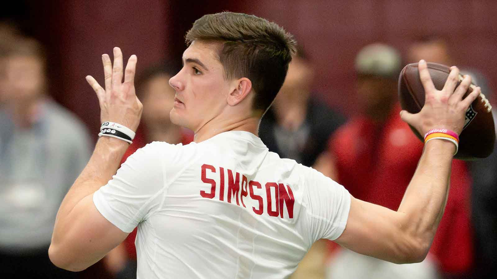 March 25, 2026; Tuscaloosa, AL, USA; Quarterback Ty Simpson throws during Pro Day in the Hank Crisp Indoor Practice Facility.