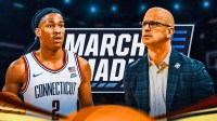 UConn PG Silas Demary Jr and UConn HC Dan Hurley. UConn Huskies logo and March Madness logo behind them