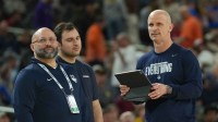 UConn Huskies head coach Dan Hurley looks on during a practice session ahead of the Final Four of the men's 2026 NCAA Tournament at Lucas Oil Stadium.