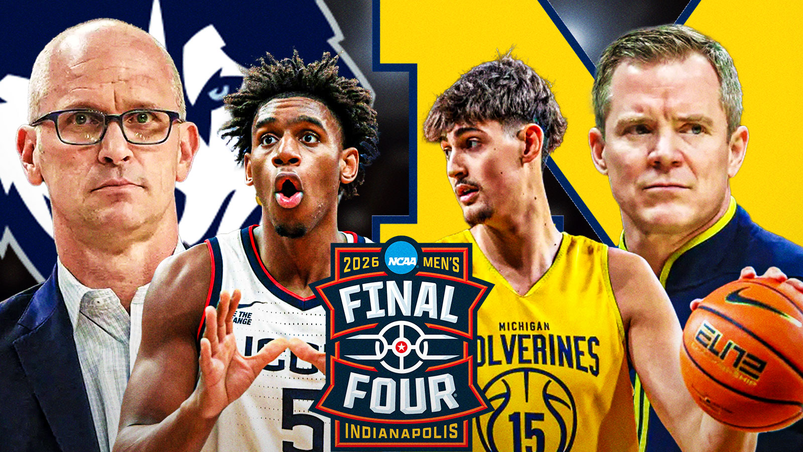 IMAGE: On one side: UConn HC Dan Hurley, F Tarris Reed Jr. UConn logo Other side: Michigan HC Dusty May, C Aday Mara, Michigan logo 2026 Final Four logo in front