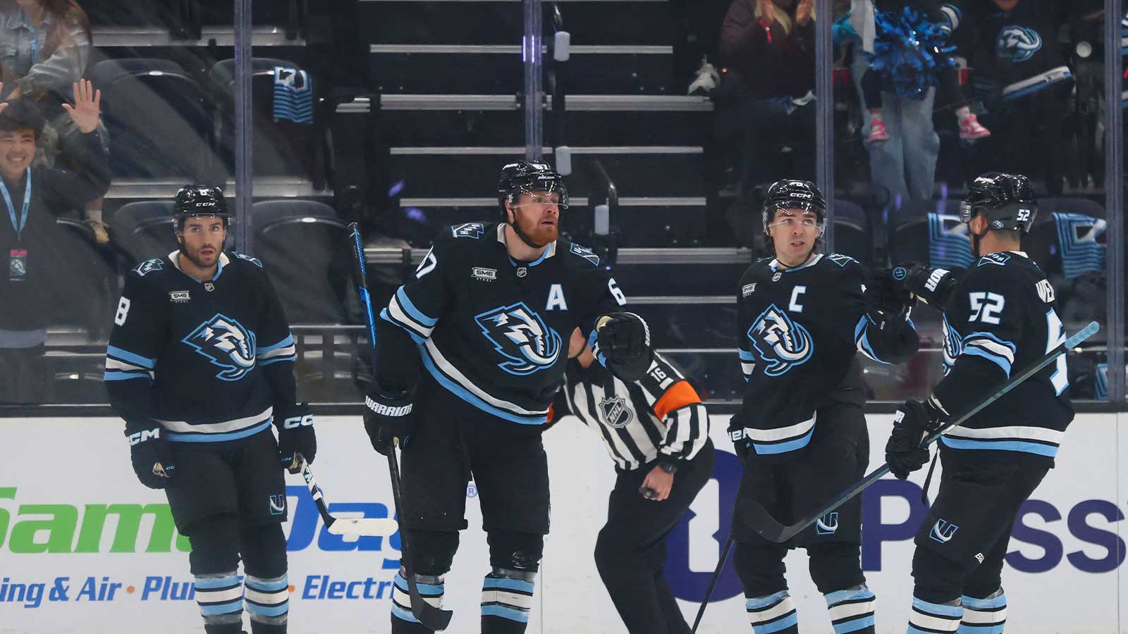Utah Mammoth left wing Lawson Crouse (67) celebrates scoring a goal against the St. Louis Blues during the second period at Delta Center.