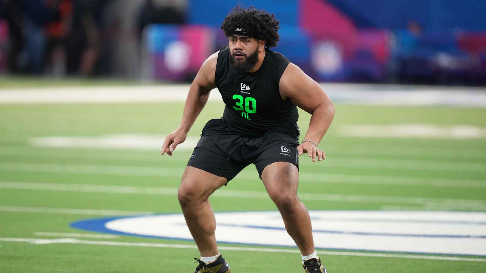Penn State offensive lineman Vega Ioane (OL30) during the NFL Scouting Combine at Lucas Oil Stadium.