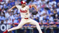 Los Angeles Angels starting pitcher Victor Mederos (58) throws a pitch against the Chicago Cubs during the first inning at Angel Stadium.