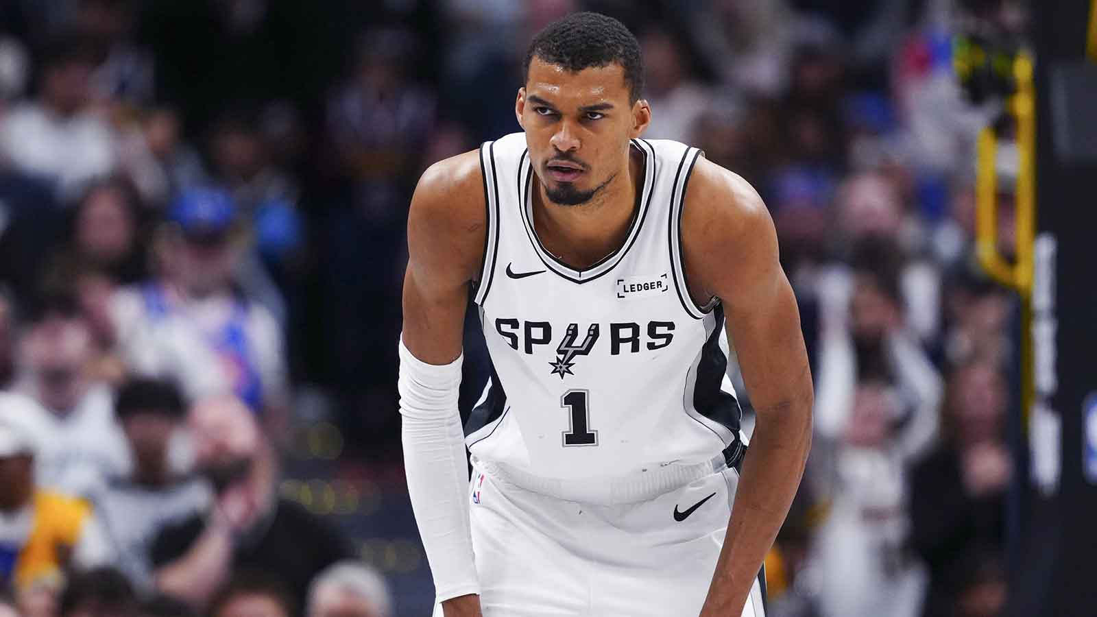 San Antonio Spurs forward Victor Wembanyama (1) during the second half against the Denver Nuggets at Ball Arena.