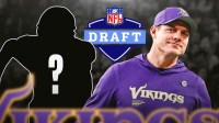 Vikings head coach Kevin O'Connell with a silhouette of an American football player with a big question mark emoji inside. There is an NFL Draft logo in the background.