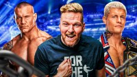 WWE stars Randy Orton, Pat McAfee, and Cody Rhodes with Friday Night SmackDown background.