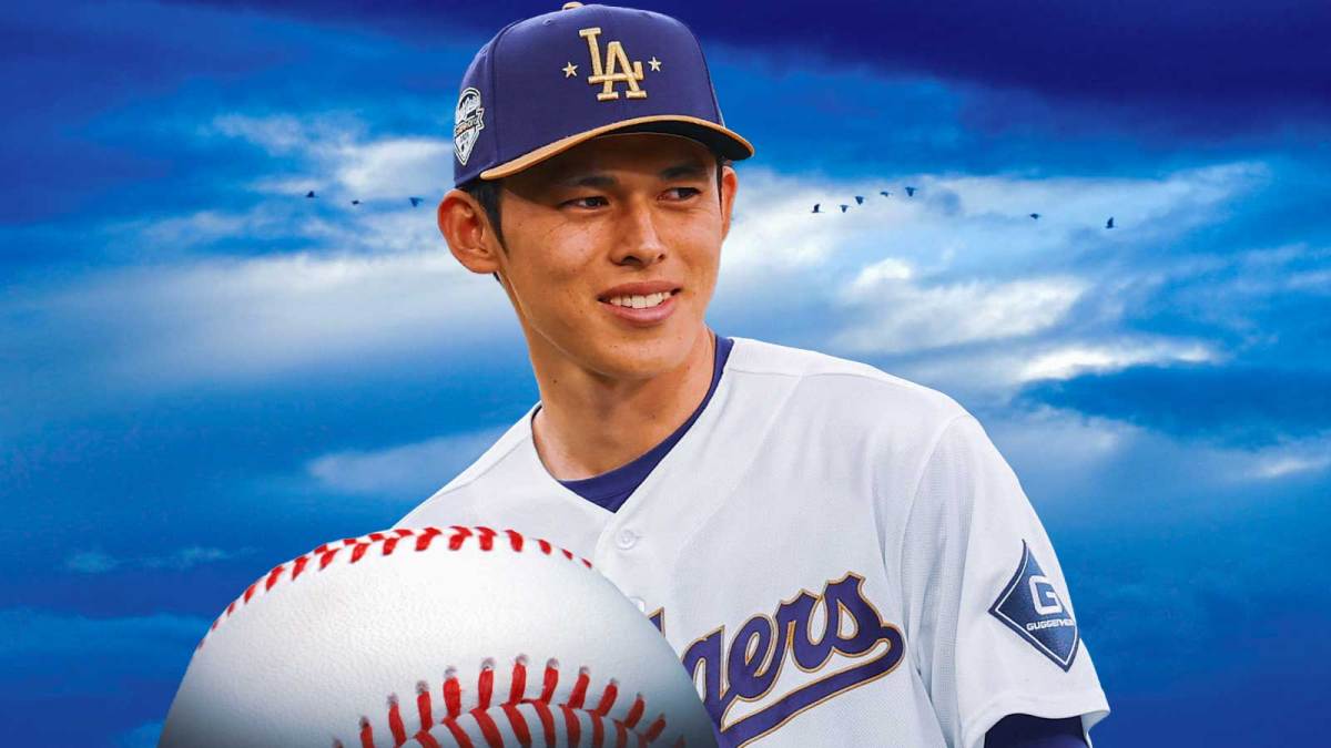Los Angeles Dodgers starting pitcher Roki Sasaki and blue clouds