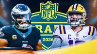 Jalen Hurts and Garrett Nussmeier in front of the 2026 NFL Draft logo