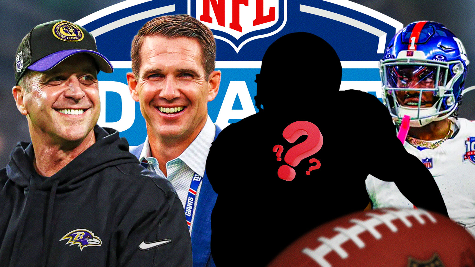 One mystery player in the middle, Joe Schoen, John Harbaugh, Malik Nabers around him, NFL Draft logo in the background