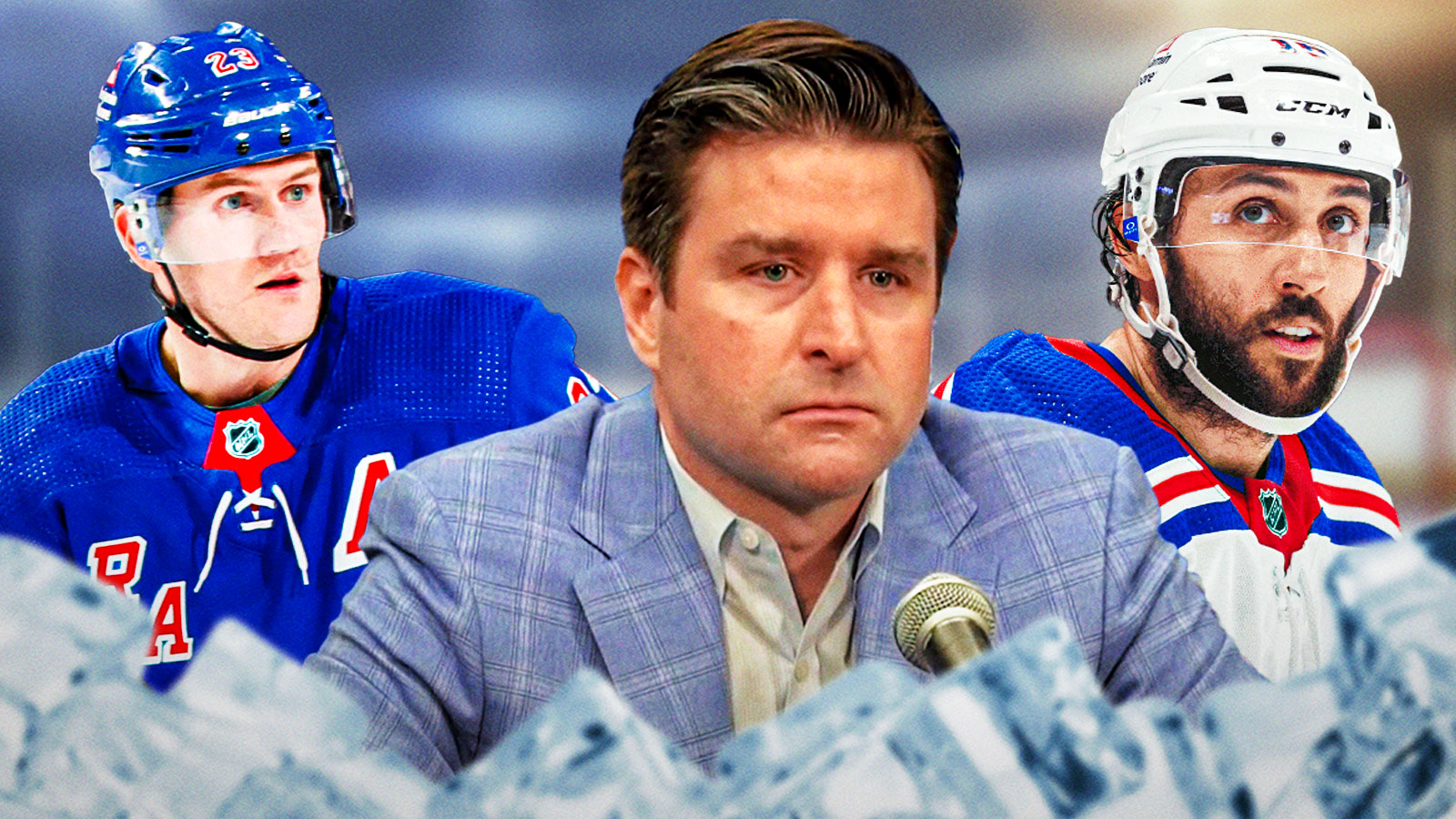 Chris Drury as Rangers GM in middle. Adam Fox on right. Vincent Trocheck on left