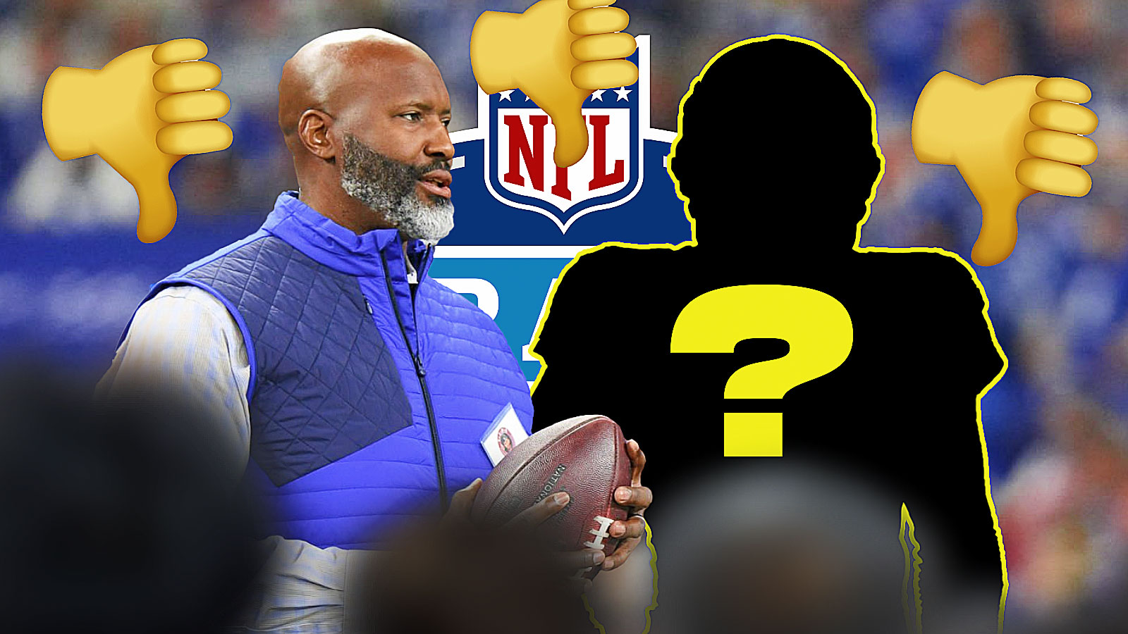 Lions general manager Brad Holmes with a silhouette of an American football player with a big question mark emoji inside. They are both surrounded by thumbs down emojis. There is also an NFL Draft logo in the background.