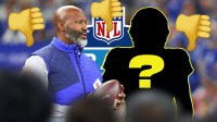 Lions general manager Brad Holmes with a silhouette of an American football player with a big question mark emoji inside. They are both surrounded by thumbs down emojis. There is also an NFL Draft logo in the background.