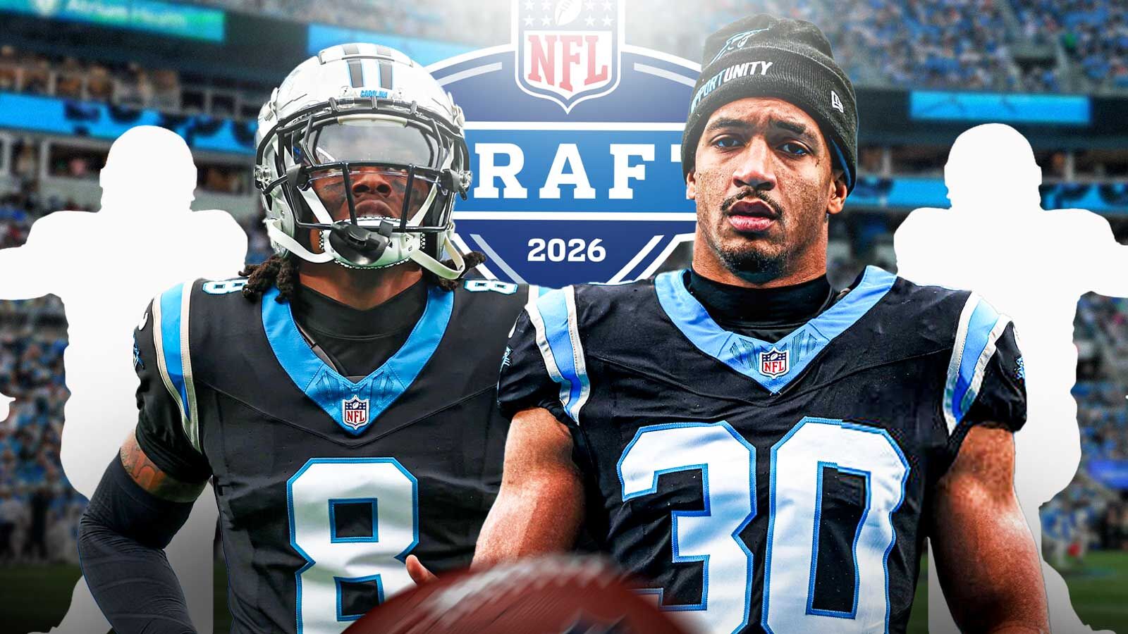 Chuba Hubbard, Jaycee Horn beside each other, Two mystery players around them, NFL Draft logo in the background