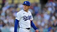 Los Angeles Dodgers pitcher Yoshinobu Yamamoto (18) on the mound in the fifth inning against the Cleveland Guardians at Dodger Stadium.