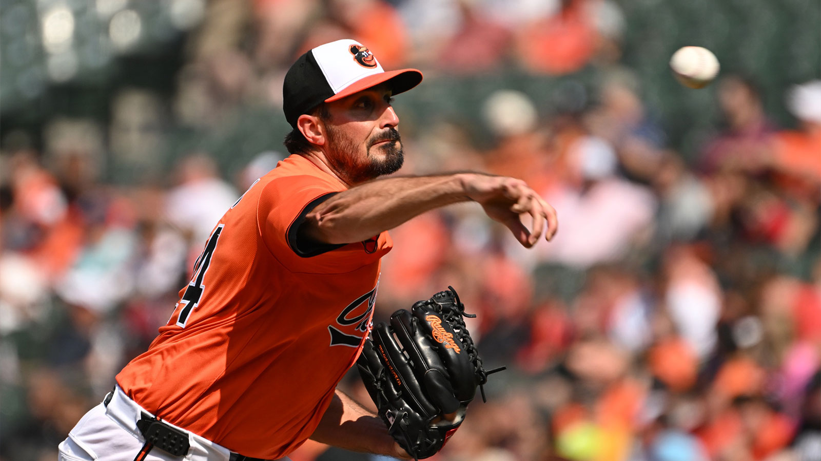 Baltimore Orioles starting pitcher Zach Eflin (24) throws a pitch against the Tampa Bay Rays during the first inning at Oriole Park at Camden Yards.