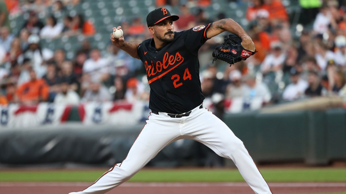 Baltimore Orioles pitcher Zach Eflin (24) throws during the first inning against the Texas Rangers at Oriole Park at Camden Yards