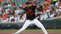 Baltimore Orioles pitcher Zach Eflin (24) throws during the first inning against the Texas Rangers at Oriole Park at Camden Yards