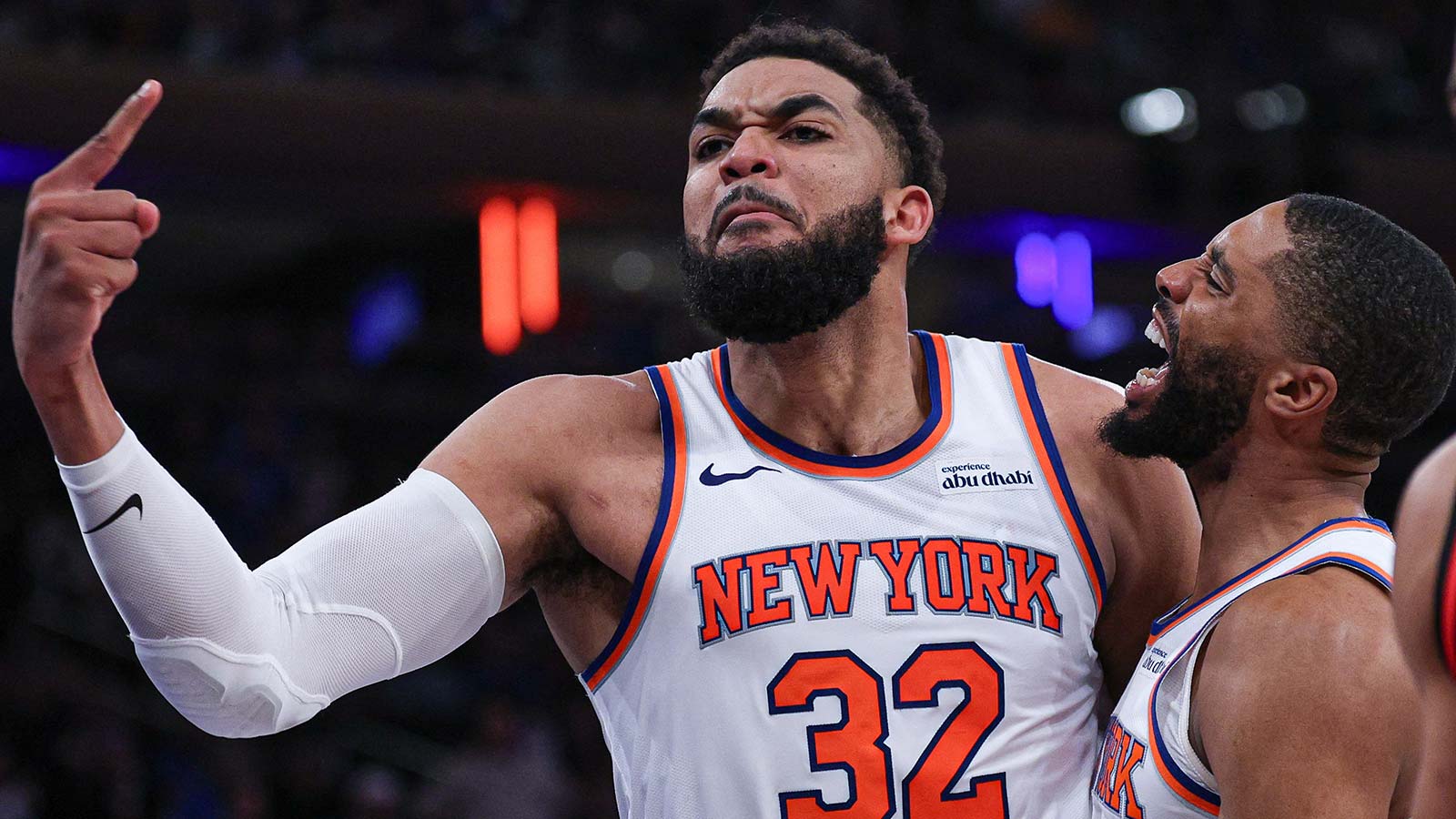 Apr 18, 2026; New York, New York, USA; New York Knicks center Karl-Anthony Towns (32) reacts during the fourth quarter of the 2026 NBA Playoffs against the Atlanta Hawks at Madison Square Garden. Mandatory Credit: Vincent Carchietta-Imagn Images