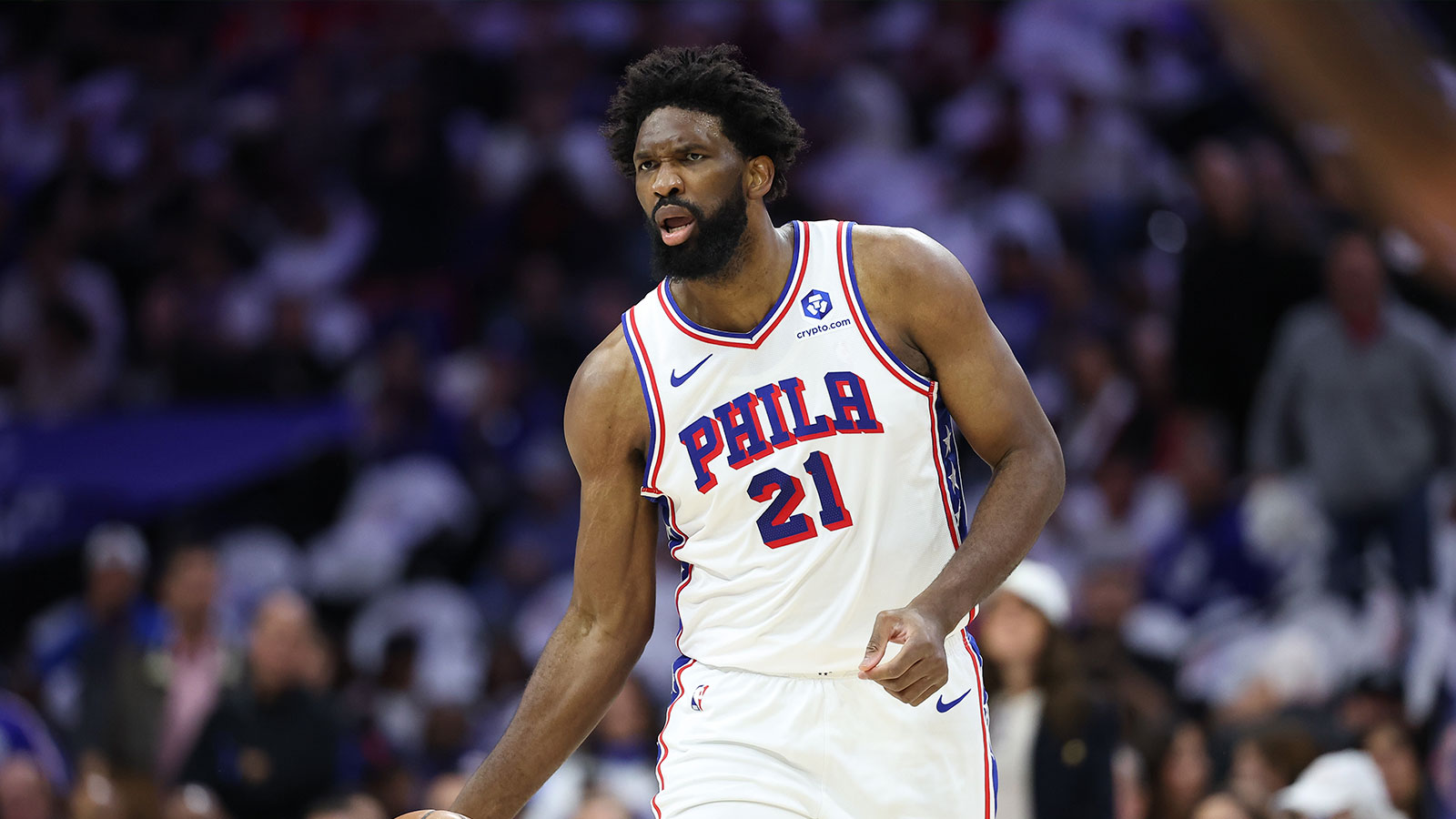 76ers center Joel Embiid (21) reacts to a play against the New York Knicks during the first quarter of game three of the second round of the 2026 NBA Playoffs at Xfinity Mobile Arena