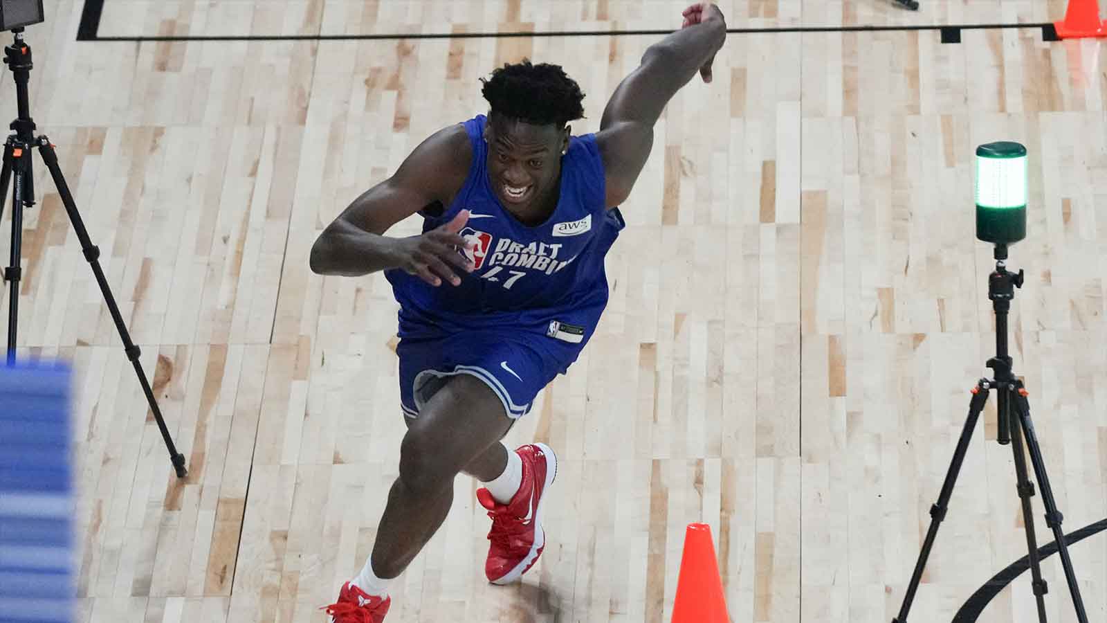 AJ Dybantsa participates in the 2026 NBA Draft Combine at Wintrust Arena.