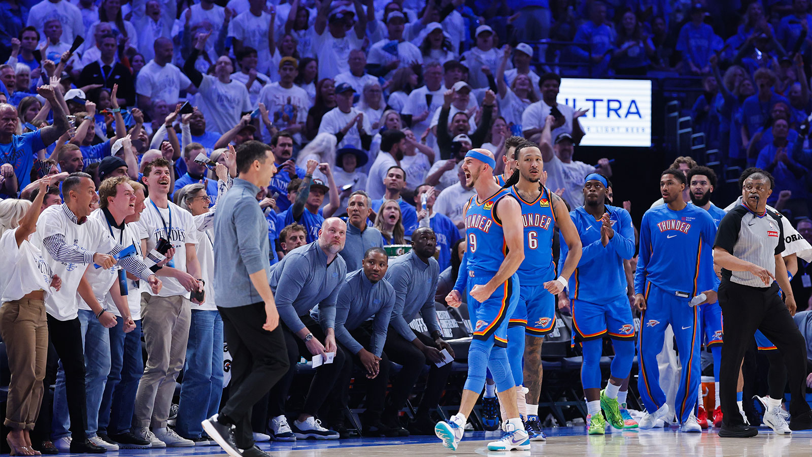 Oklahoma City Thunder guard Alex Caruso (9) reacts after a basket during the fourth quarter against the San Antonio Spurs in game five of the western conference finals for the 2026 NBA playoffs at Paycom Center. 