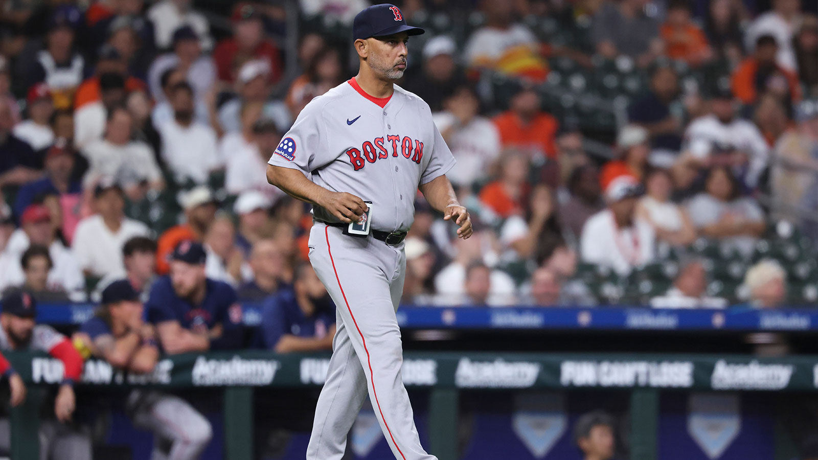 Boston Red Sox manager Alex Cora walks to the mound for a pitching change during the fifth inning against the Houston Astros at Daikin Park.