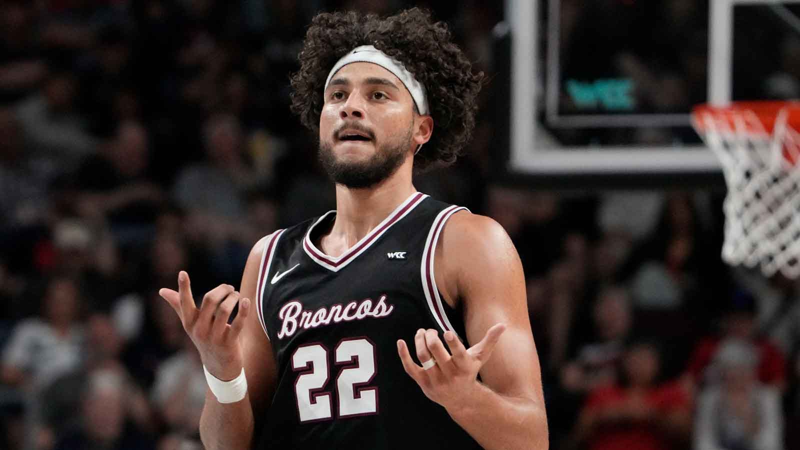 Santa Clara Broncos forward Allen Graves (22) celebrates against the Gonzaga Bulldogs during the first half at Orleans Arena.