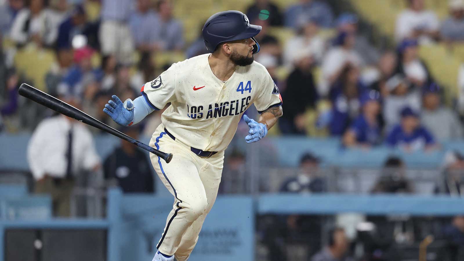 Los Angeles Dodgers center fielder Andy Pages (44) heads down the line after hitting a two-run home run during the ninth inning against the Atlanta Braves at Dodger Stadium. 