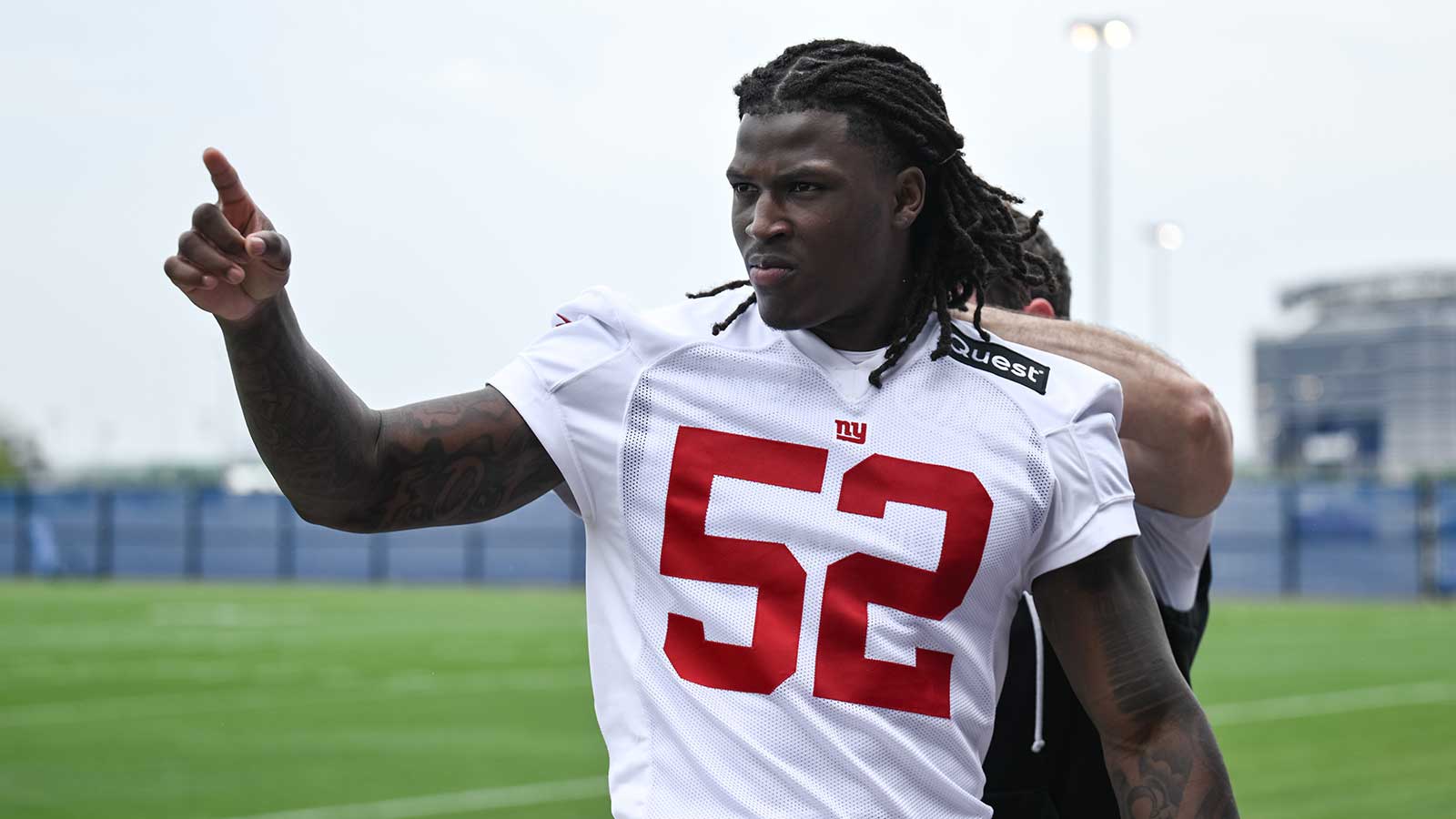 New York Giants linebacker Arvell Reese (52) looks on after a press conference at rookie minicamp at Quest Diagnostics Training Center