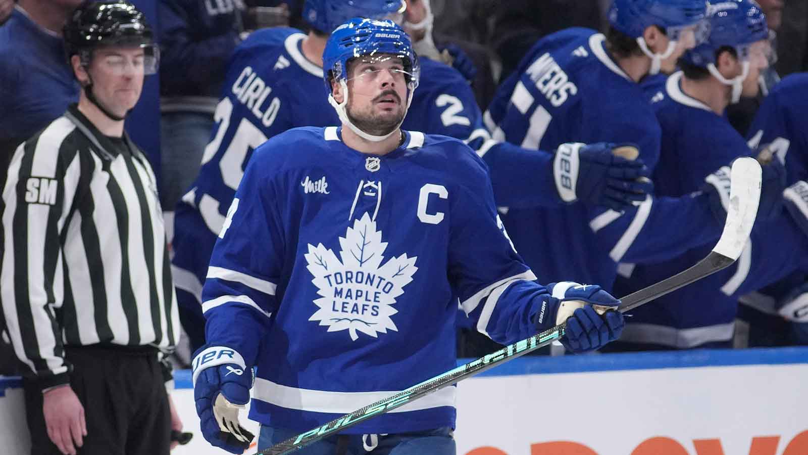 Toronto Maple Leafs forward Auston Matthews (34) looks up at the scoreboard after scoring against the Anaheim Ducks during the second period at Scotiabank Arena.