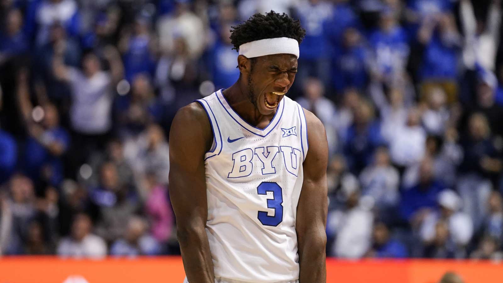 BYU Cougars forward AJ Dybantsa (3) reacts during the second half against the Iowa State Cyclones at Marriott Center.