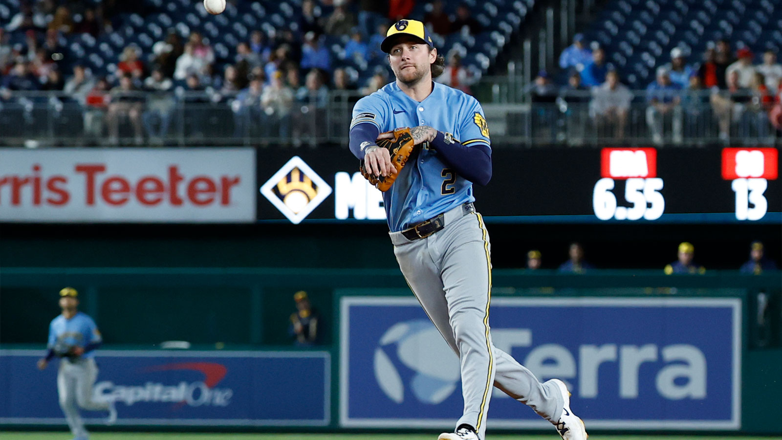 Milwaukee Brewers second baseman Brice Turang (2) makes a throw to first base on a ground ball by Washington Nationals first baseman Curtis Mead (not pictured) during the eighth inning at Nationals Park