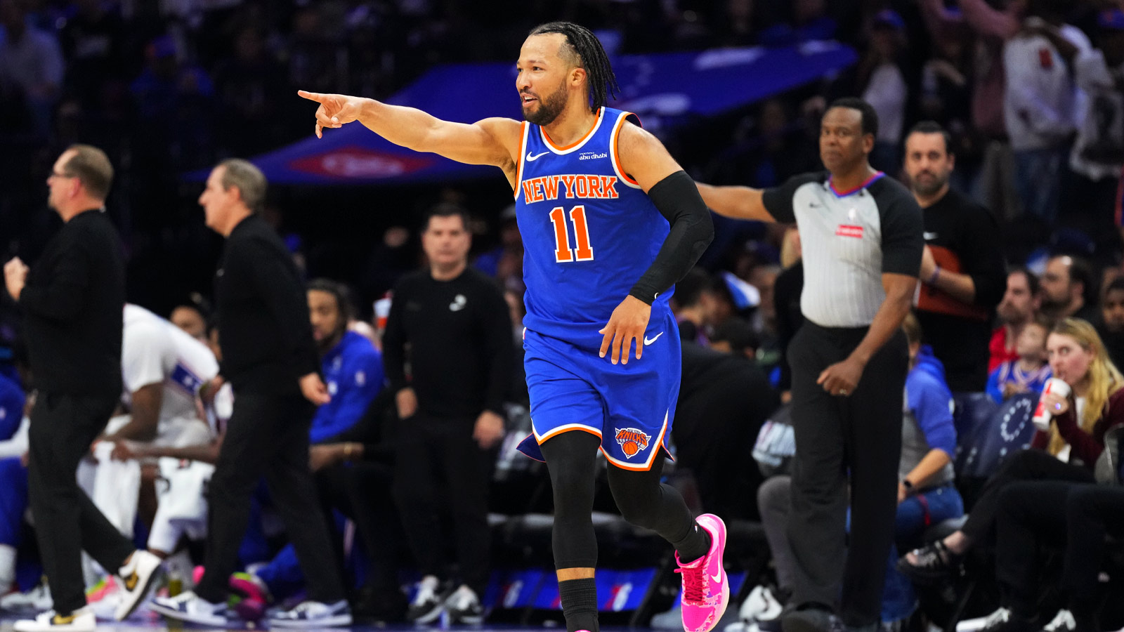 New York Knicks guard Jalen Brunson (11) reacts against the Philadelphia 76ers in the third quarter during game four of the second round of the 2026 NBA Playoffs at Xfinity Mobile Arena.