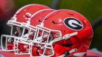 Georgia Bulldogs helmets on the bench during the Georgia Spring game at Sanford Stadium.